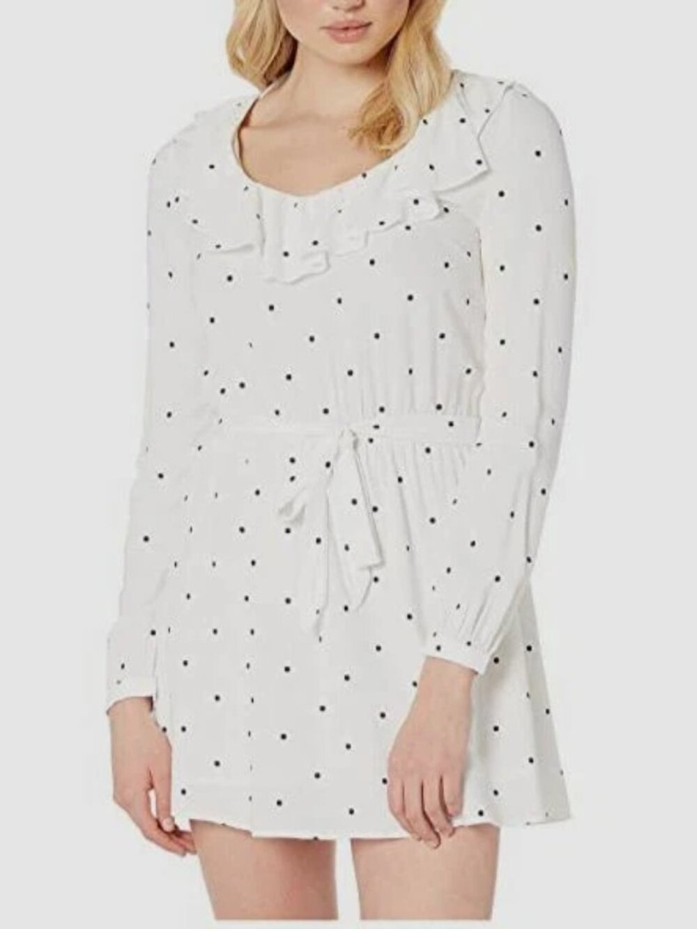 AMUSE SOCIETY Last Hurray Long Sleeve Mini Dress White/Black Polka-Dot Size XS